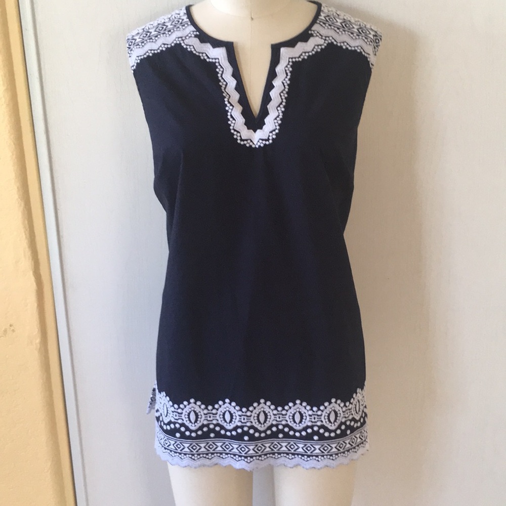 Talbots Navy Embroidered Tunic Sleeveless L